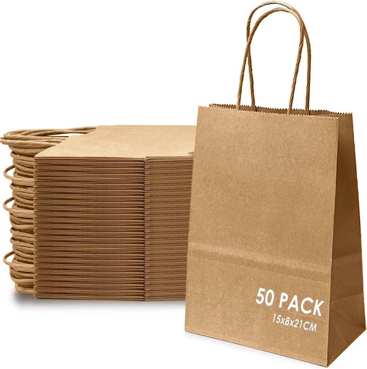 50 stuks kraftpapieren zakken met handgrepen, groot formaat voor verjaardag, bruiloft, Thanksgiving, Kerstmis, winkelen en verpakking, 21 x 8 x 15 cm