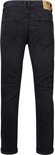 Achterkant van een zwarte straight fit jeans met riemlussen, zakken en een leren label.