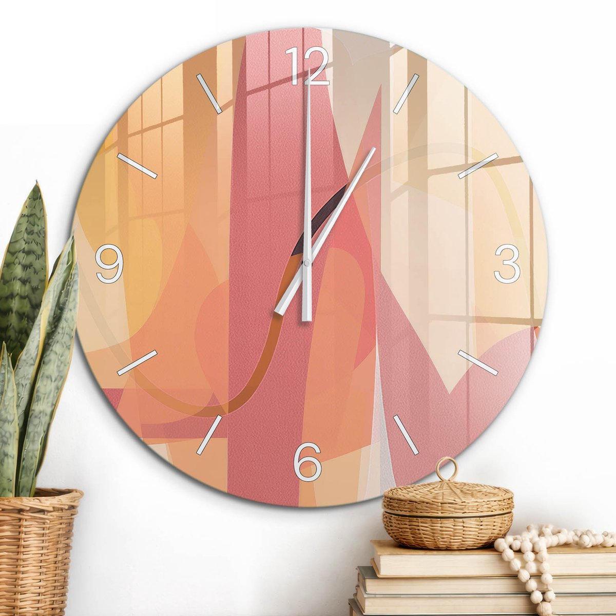 ArtPrintCave Roze Glazen Klok - Wandklok 60 cm - Muurklok Rond - Pastel Abstractie Wandklok Keuken - Kunst Unieke Klok - Witte Klokwijzers