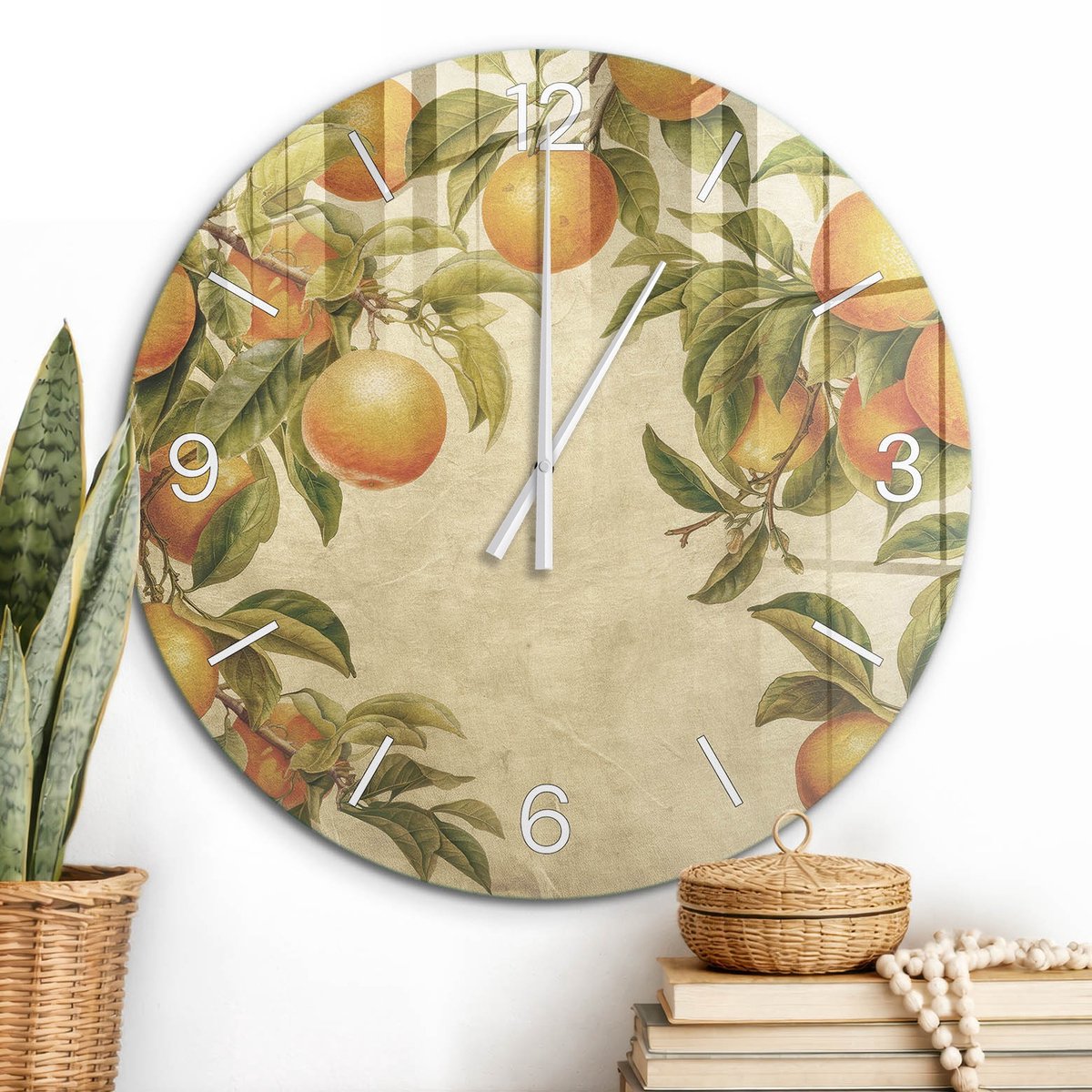 ArtPrintCave Oranje Glazen Klok - Wandklok 60 cm - Muurklok Rond - Sinaasappelboomgaard Stille Wandklok - Bloemen En Planten Wandklok Keuken - Witte Klokwijzers