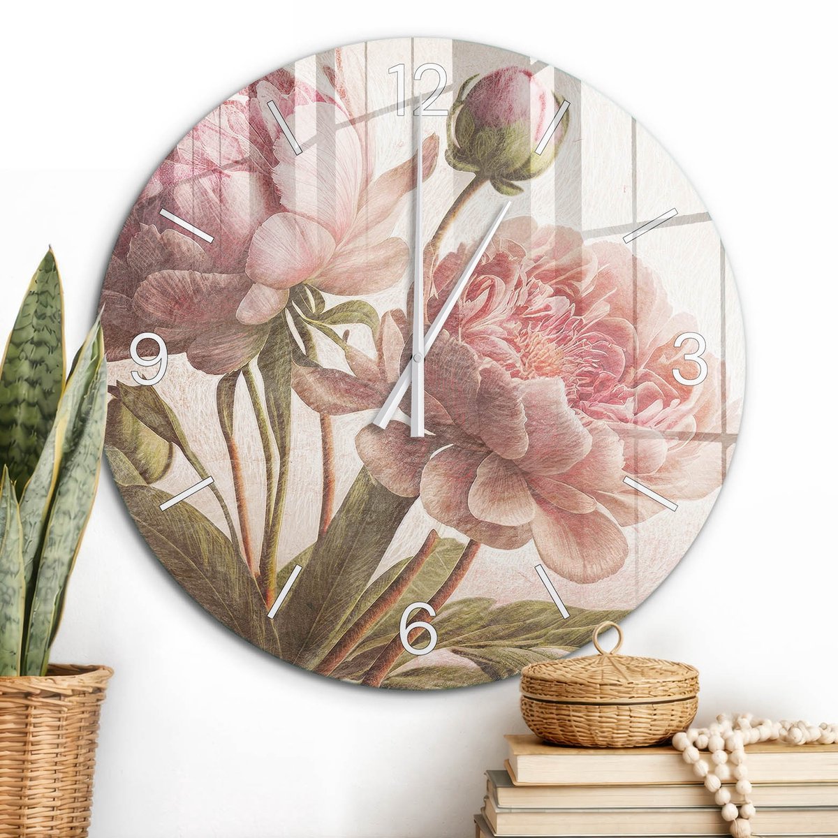 ArtPrintCave Roze Glazen Klok - Wandklok 60 cm - Muurklok Rond - Vintage Pioenrozen Stille Wandklok - Kunst Wandklok Keuken - Witte Klokwijzers