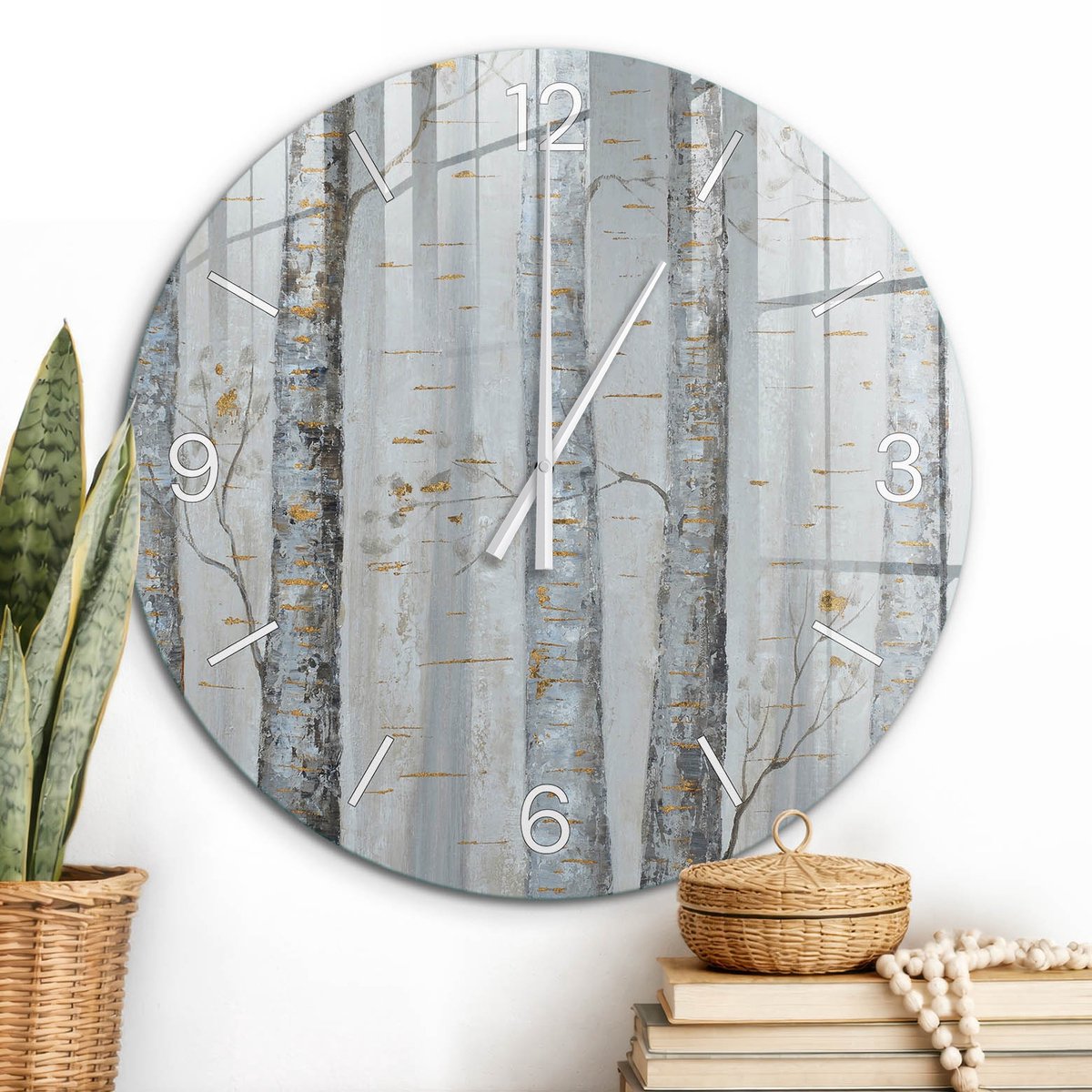 ArtPrintCave Grijs Glazen Klok - Wandklok 60 cm - Muurklok Rond - Berken In Het Bos Wandklok Keuken - Bloemen En Planten Unieke Klok - Witte Klokwijzers