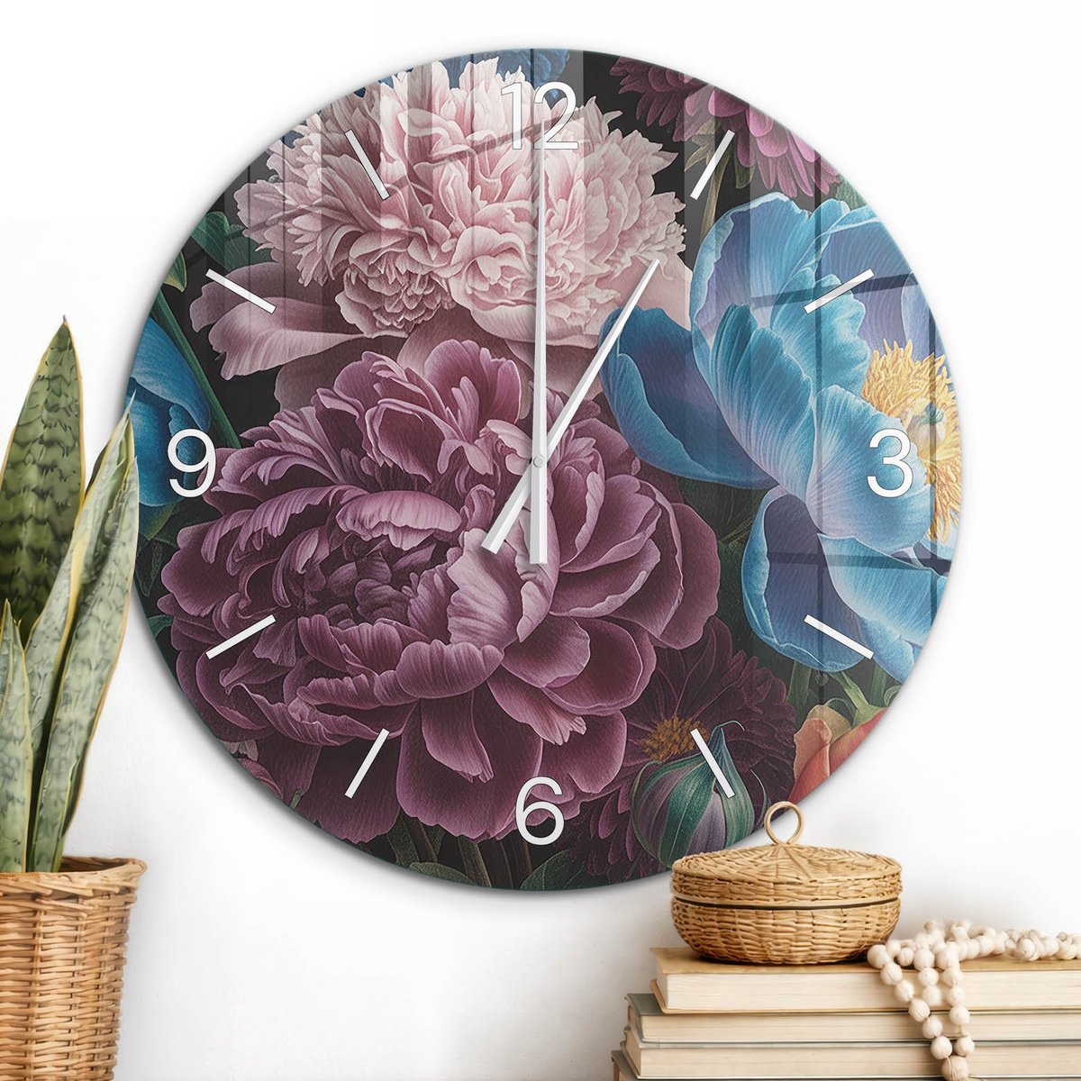 ArtPrintCave Paars Glazen Klok - Wandklok 60 cm - Muurklok Rond - Bloemarrangement Stille Wandklok - Kunst Wandklok Keuken - Witte Klokwijzers