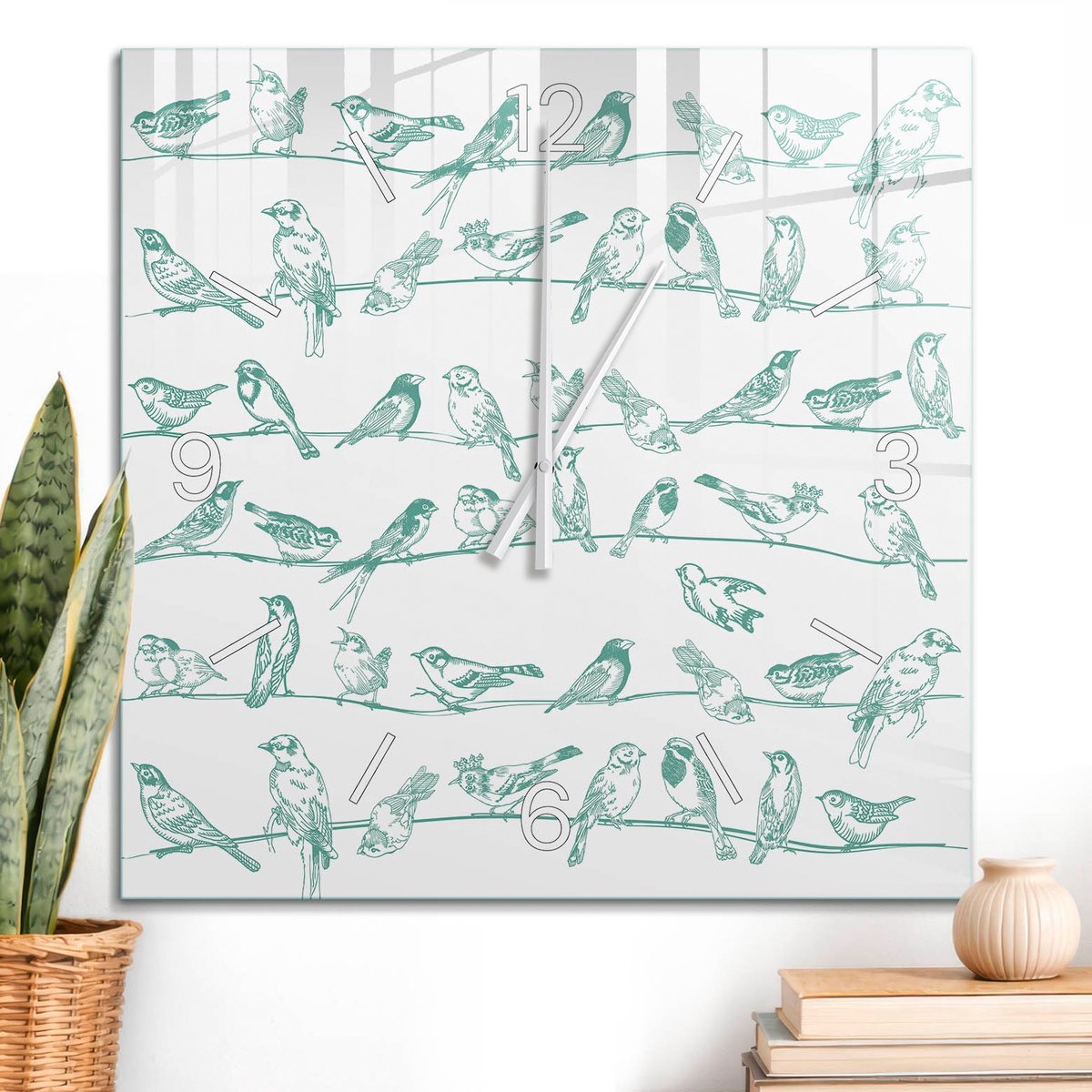 ArtPrintCave Turkoois Glazen Klok - 60x60 cm - Wandklok Vierkant - Vogels Natuur Wandklok Keuken - Natuur Unieke Klok - Witte Klokwijzers