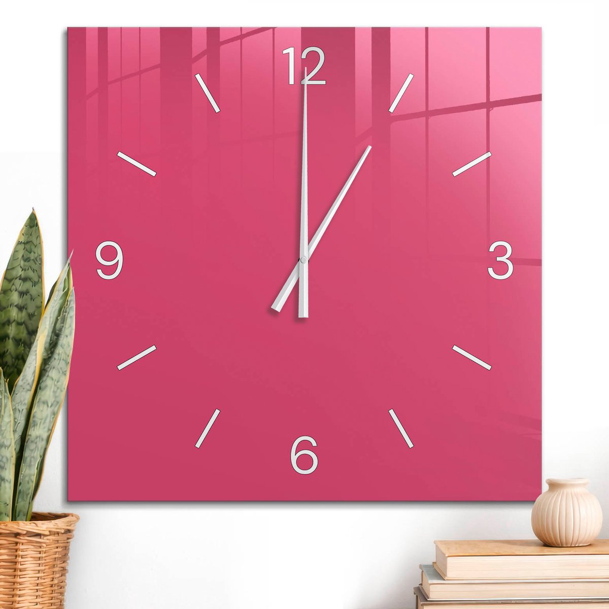 ArtPrintCave Roze Glazen Klok - 60x60 cm - Wandklok Vierkant - Energie Roze Stille Wandklok - Abstractie Wandklok Keuken - Witte Klokwijzers
