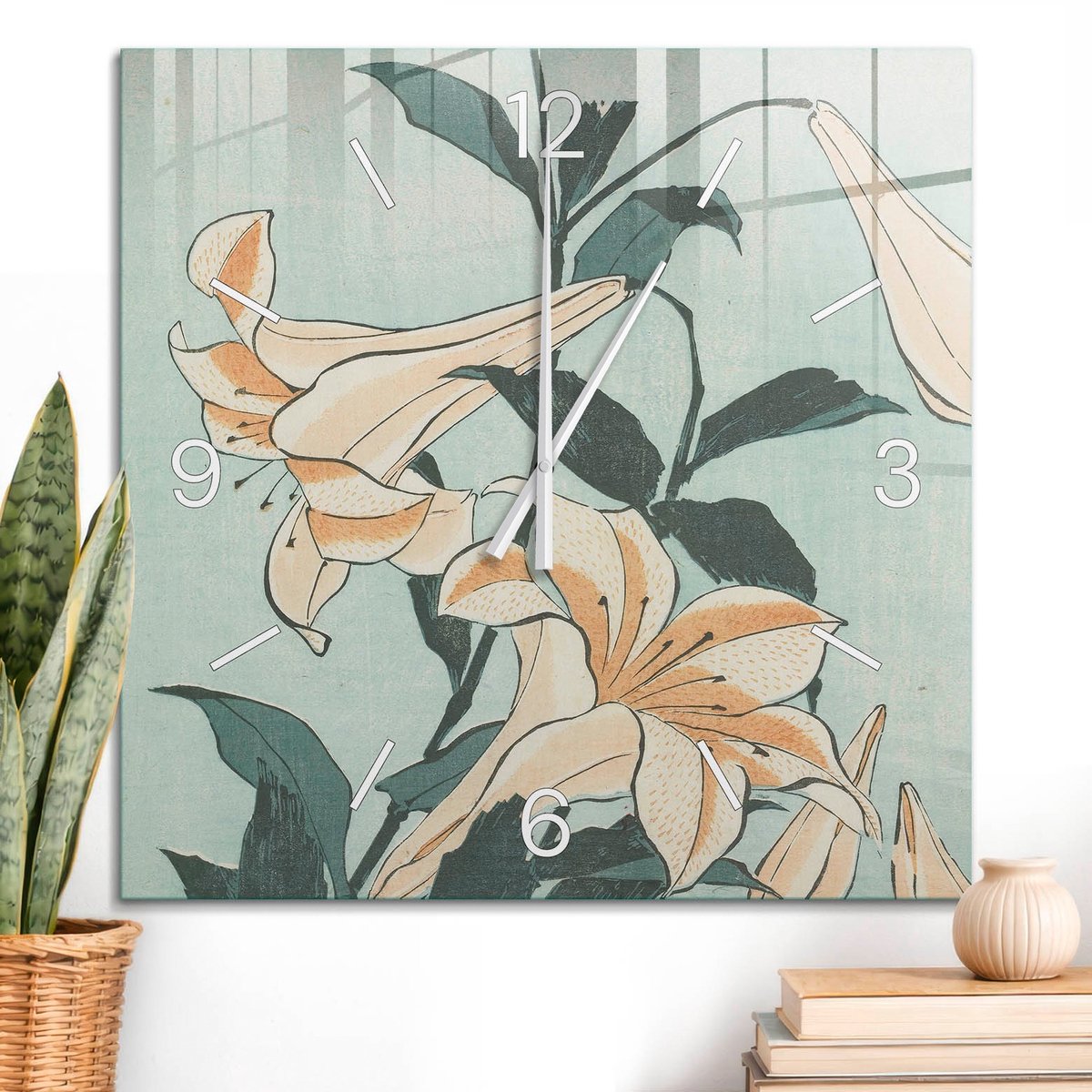 ArtPrintCave Turkoois Glazen Klok - 60x60 cm - Wandklok Vierkant - Leliebloemen Unieke Klok - Kunst Stille Wandklok - Witte Klokwijzers