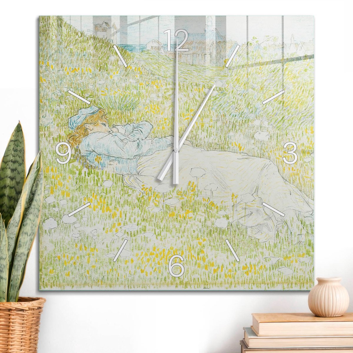 ArtPrintCave Groene Glazen Klok - 60x60 cm - Wandklok Vierkant - Zomerrust Unieke Klok - Kunst Stille Wandklok - Witte Klokwijzers