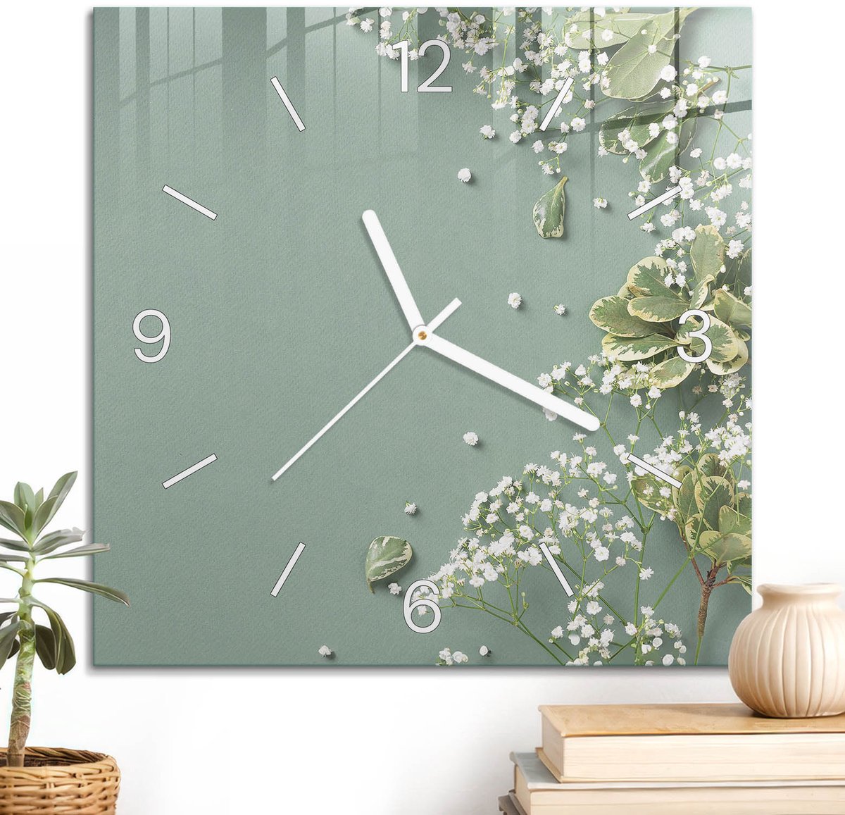 ArtPrintCave Groene Glazen Klok - 30x30 cm - Wandklok Vierkant - Bloemige Elegantie Wandklok Keuken - Achtergronden En Patronen Unieke Klok - Witte Klokwijzers