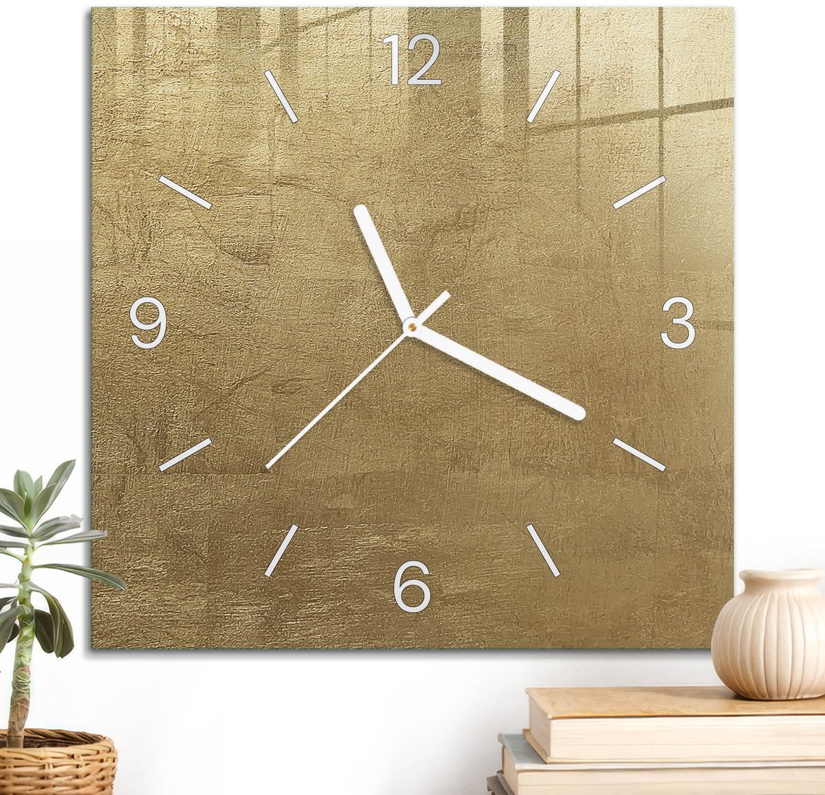 ArtPrintCave Geel Glazen Klok - 30x30 cm - Wandklok Vierkant - Gouden Textuur Wandklok Keuken - Achtergronden En Patronen Unieke Klok - Witte Klokwijzers