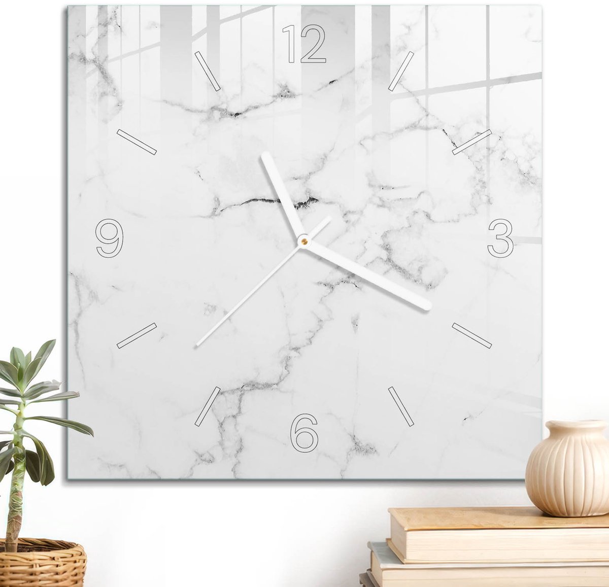 ArtPrintCave Wit Glazen Klok - 30x30 cm - Wandklok Vierkant - Licht Marmer Wandklok Keuken - Achtergronden En Patronen Unieke Klok - Witte Klokwijzers