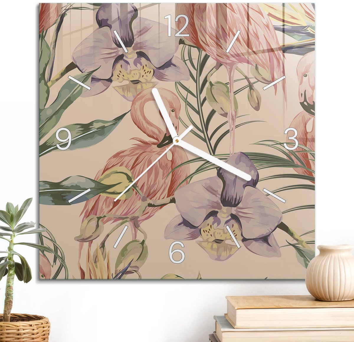 ArtPrintCave Roze Glazen Klok - 30x30 cm - Wandklok Vierkant - Tropische Elegantie Wandklok Keuken - Dieren Unieke Klok - Witte Klokwijzers