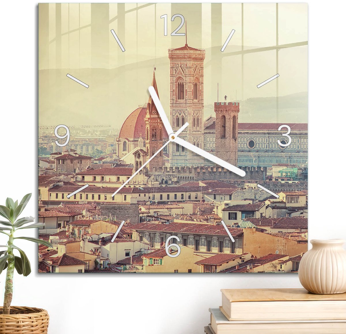 ArtPrintCave Beige Glazen Klok - 30x30 cm - Wandklok Vierkant - Historisch Landschap Unieke Klok - Steden Stille Wandklok - Witte Klokwijzers