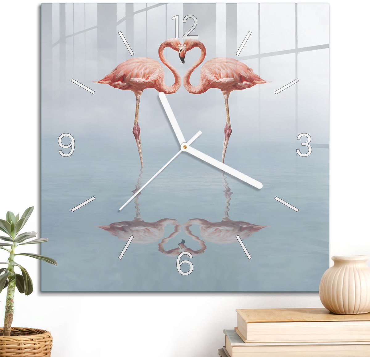 ArtPrintCave Blauw Glazen Klok - 30x30 cm - Wandklok Vierkant - Flamingos Hart Wandklok Keuken - Natuur Unieke Klok - Witte Klokwijzers