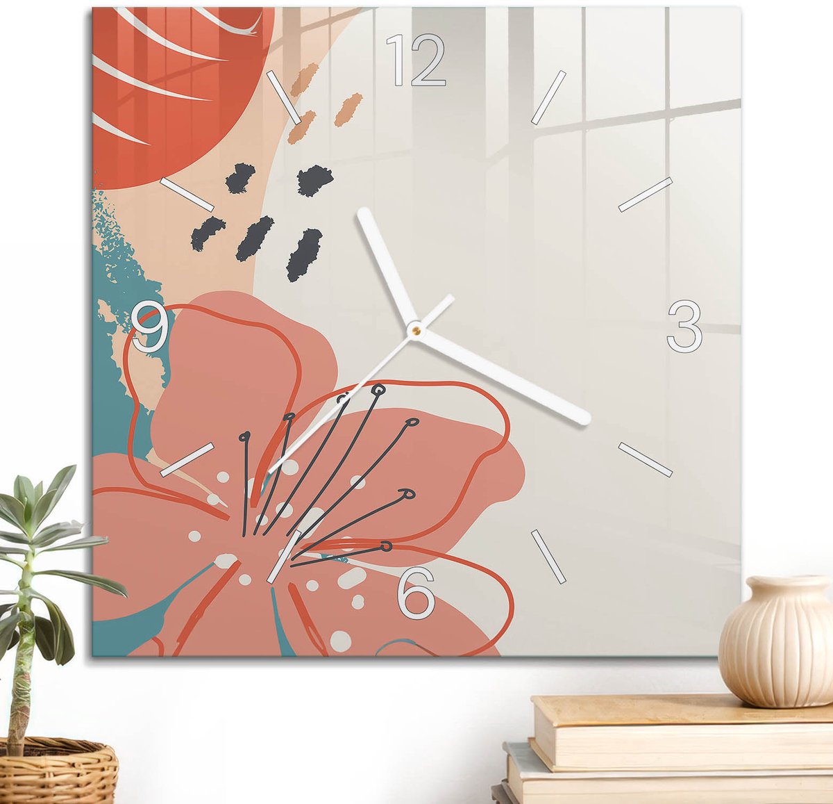 ArtPrintCave Oranje Glazen Klok - 30x30 cm - Wandklok Vierkant - Tropische Energie Wandklok Keuken - Abstractie Unieke Klok - Witte Klokwijzers