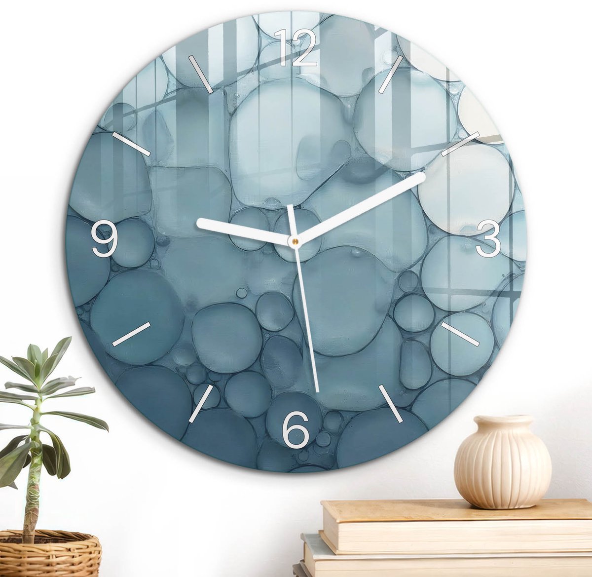 ArtPrintCave Blauw Glazen Klok - Wandklok 30 cm - Muurklok Rond - Bellenpatroon Wandklok Keuken - Texturen Unieke Klok - Witte Klokwijzers