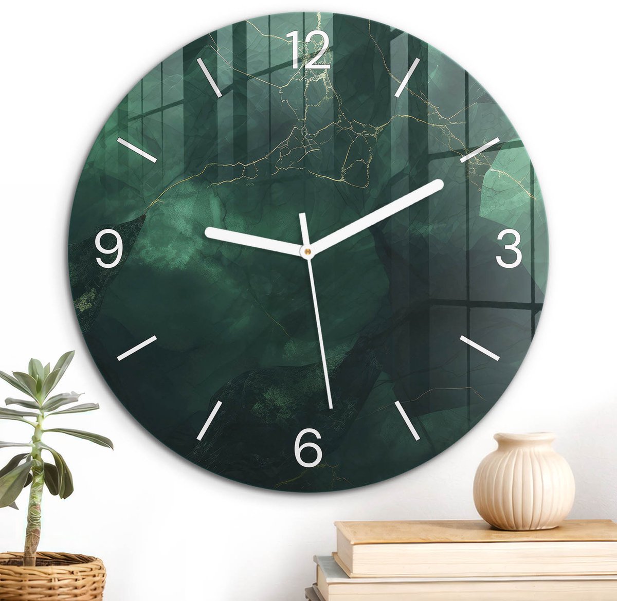 ArtPrintCave Groene Glazen Klok - Wandklok 30 cm - Muurklok Rond - Groen Marmer Unieke Klok - Abstractie Stille Wandklok - Witte Klokwijzers