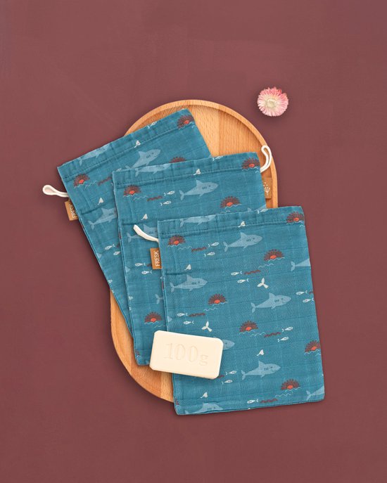 Fresk Hydrofiele Washandjes - 21 x 15 cm - Babyverzorging - 3 stuks - Ademend en Absorberend - Babyspullen - Babyverzorging - Blauw - Shark van Fresk — afbeelding 3