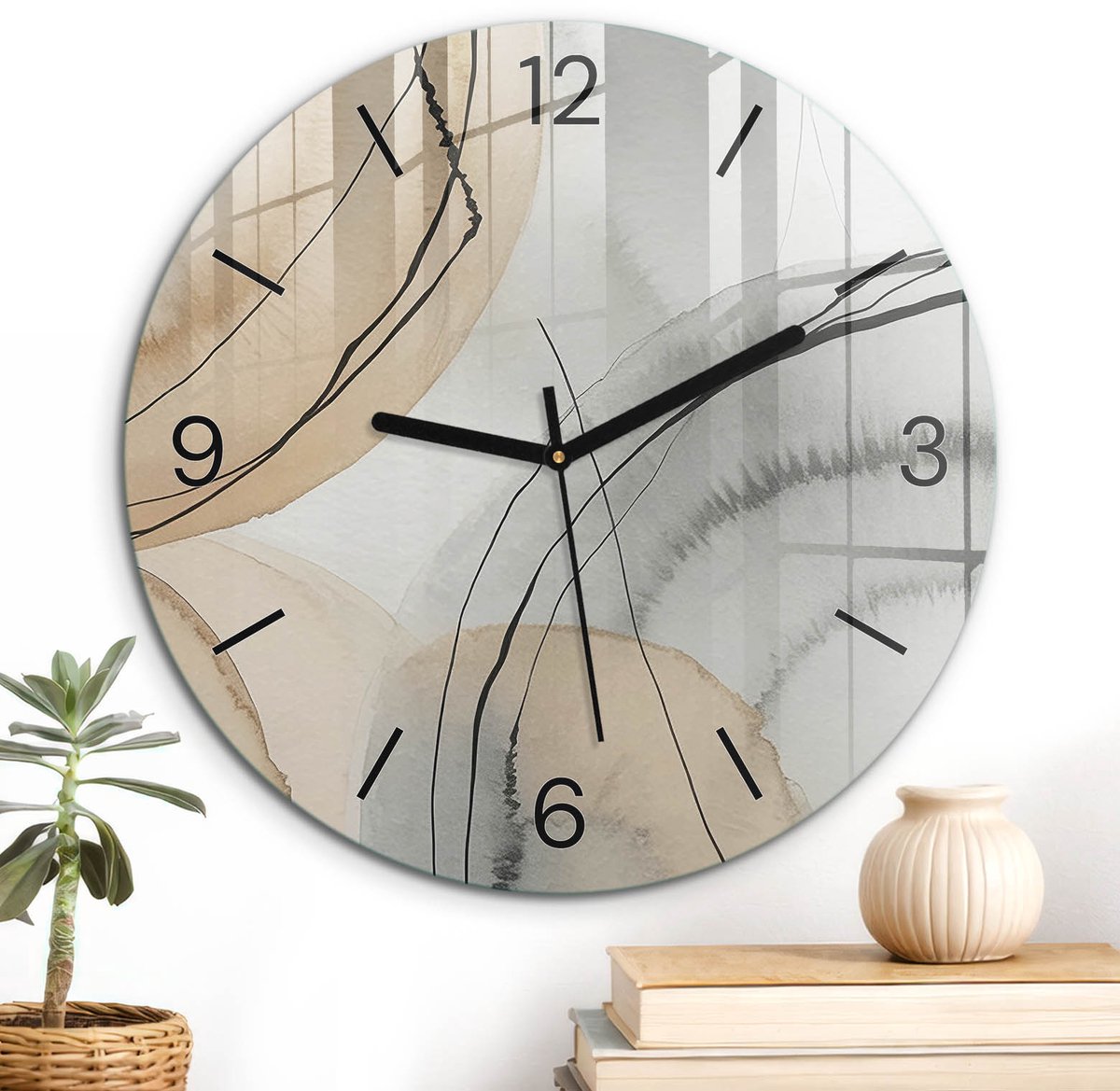 ArtPrintCave Beige Glazen Klok - Wandklok 30 cm - Muurklok Rond - Abstracte Cirkels Stille Wandklok - Achtergronden En Patronen Wandklok Keuken - Zwarte Klokwijzers