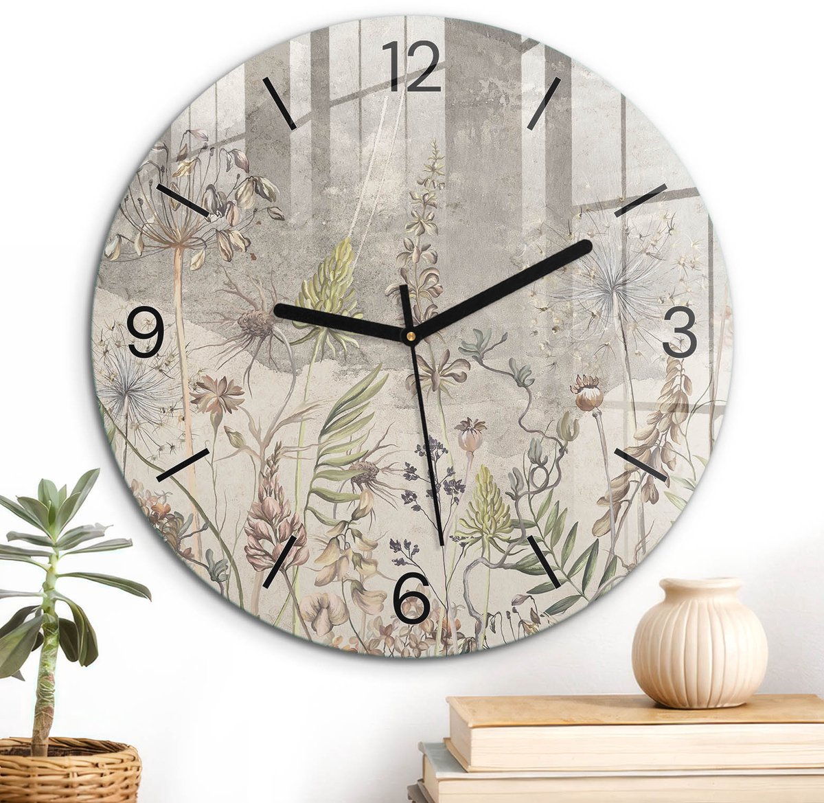 ArtPrintCave Grijs Glazen Klok - Wandklok 30 cm - Muurklok Rond - Bloemenweide Stille Wandklok - Natuur Wandklok Keuken - Zwarte Klokwijzers
