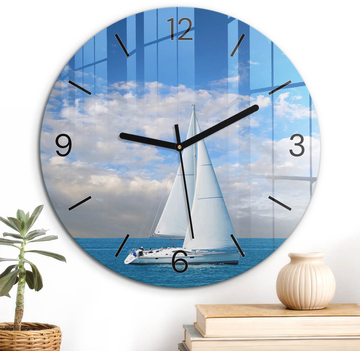 ArtPrintCave Blauw Glazen Klok - Wandklok 30 cm - Muurklok Rond - Ontspanning Aan Zee Stille Wandklok - Andere Voertuigen Wandklok Keuken - Zwarte Klokwijzers