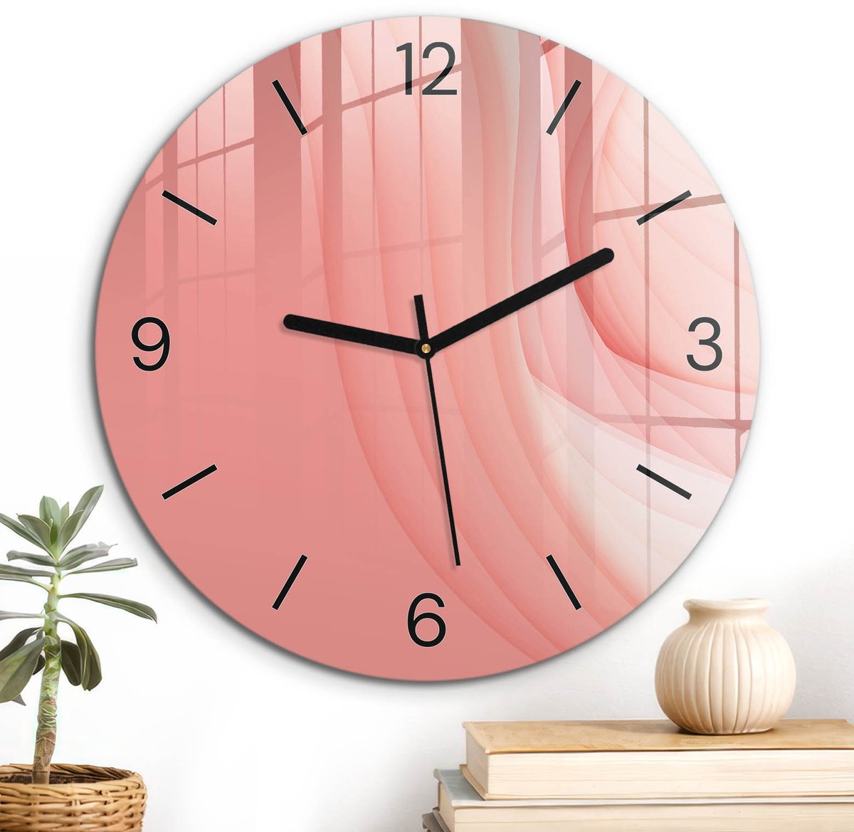 ArtPrintCave Roze Glazen Klok - Wandklok 30 cm - Muurklok Rond - Roze Golven Stille Wandklok - Kunst Wandklok Keuken - Zwarte Klokwijzers