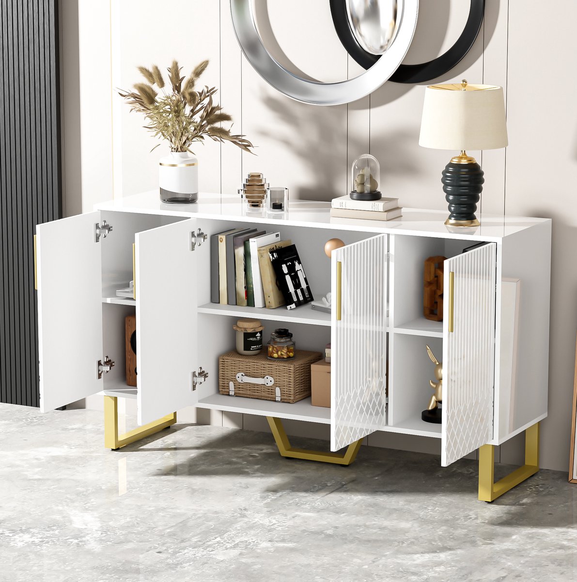 MEUNIQ Dressoir 140 x 40 x 80 cm met 4 deuren, hoogglans wit, geometrisch front, metalen grepen en poten voor woonkamer of eetkamer