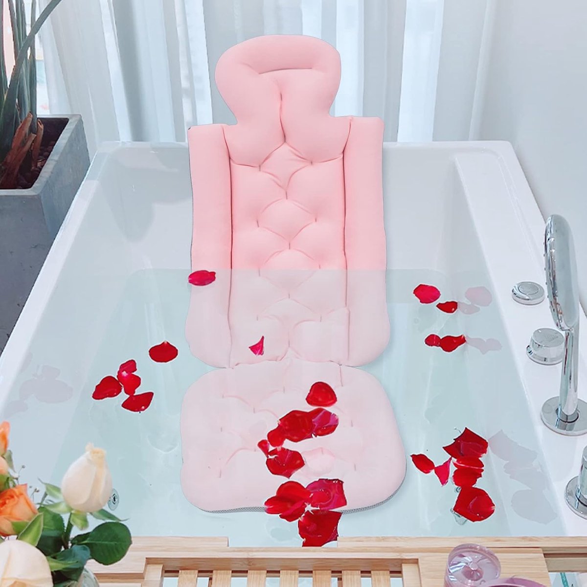 Badkussen, volledig lichaam, 40 x 113 cm, nekkussen, badkussen, hoofdsteun met 10 zuignappen, voor badkuip en spa, roze