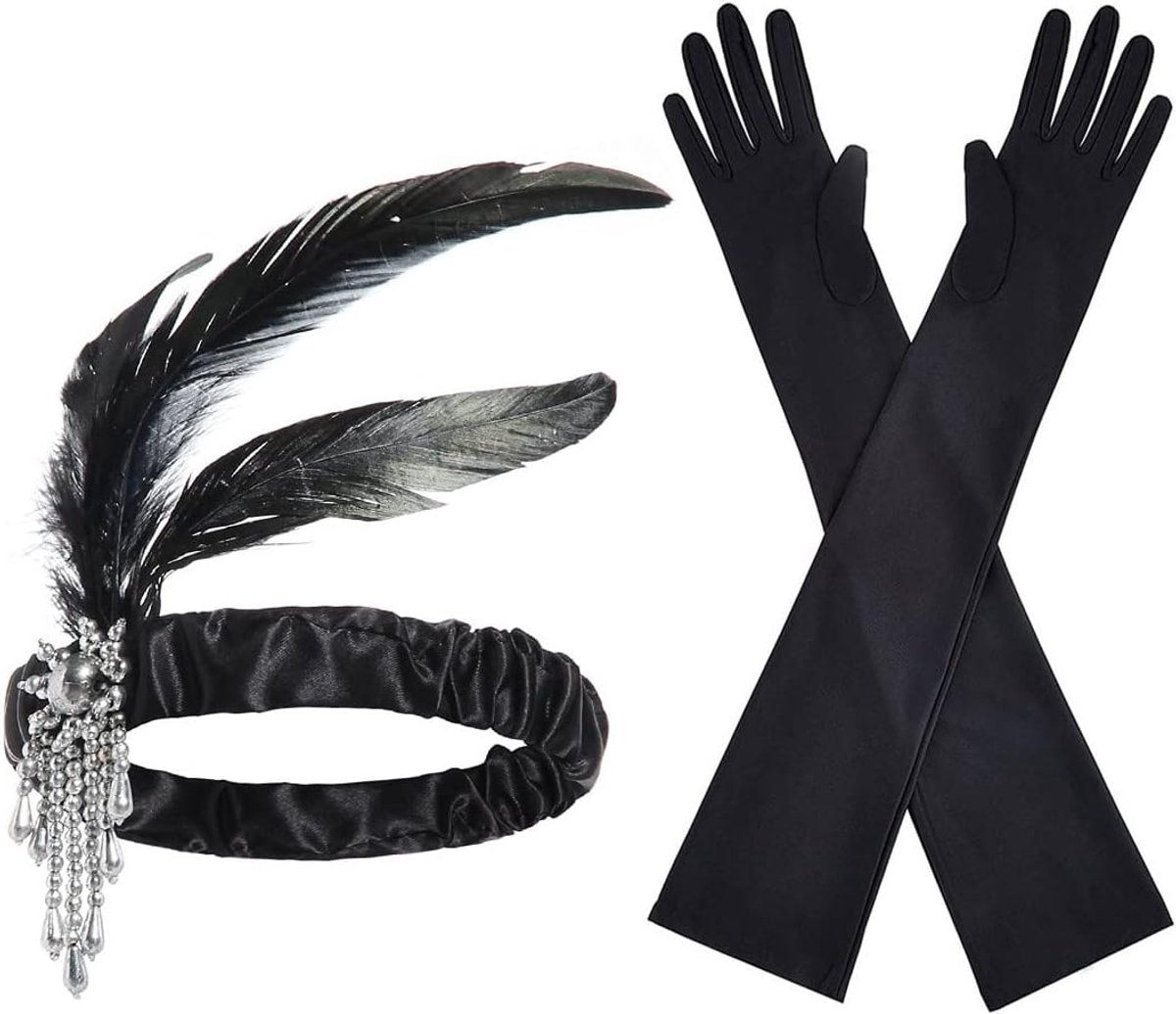 Set van 2 hoofdbanden met flapper jaren '20 handschoenen, lange zwarte haarband, veer, haarband, danspak, voor bruiloft, carnaval, party, haaraccessoires, jaren 20