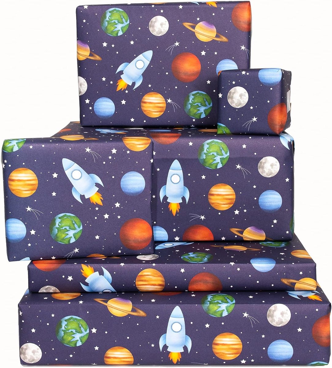23 - Leuk inpakpapier voor jongens en kinderen - 6 vellen - raketten - planeten in de ruimte - sterren - marineblauw - voor babyshower of Valentijnsdag - kleurrijk