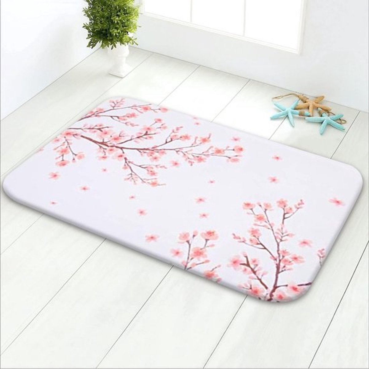 Roze bloemen badkamermat met kersenbloesem - antislip, ultrazacht & machinewasbaar - 61 x 40 cm