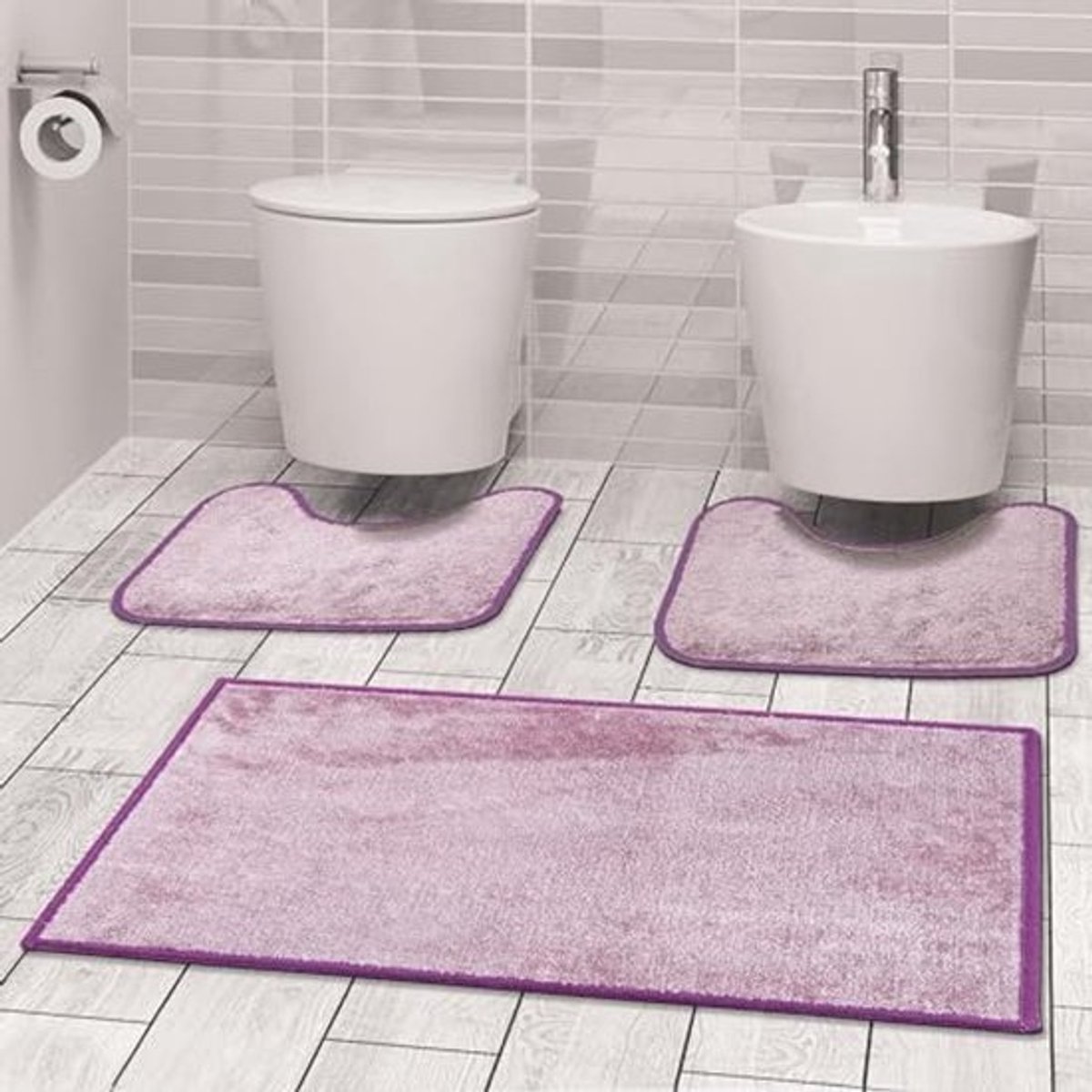Badmatset Ocean 3-delig - Antislip Vloermatten voor Badkamer - Machinewasbaar en Ademend - Paars