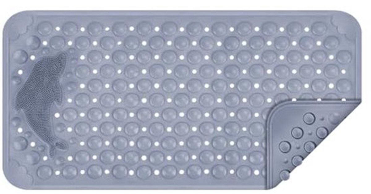 Antislip Badmat met Voetmassage en Dolfijnvormige Borstel - Douchemat voor Binnen en Badkamer (35 x 70 cm, Grijs)