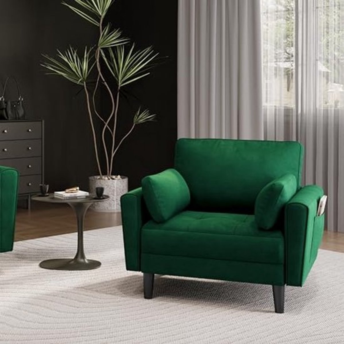 Moderne fluwelen 1-zitsbank met kussens en armleuningen - Comfortabele loungesofa voor woonkamer en slaapkamer - Groen
