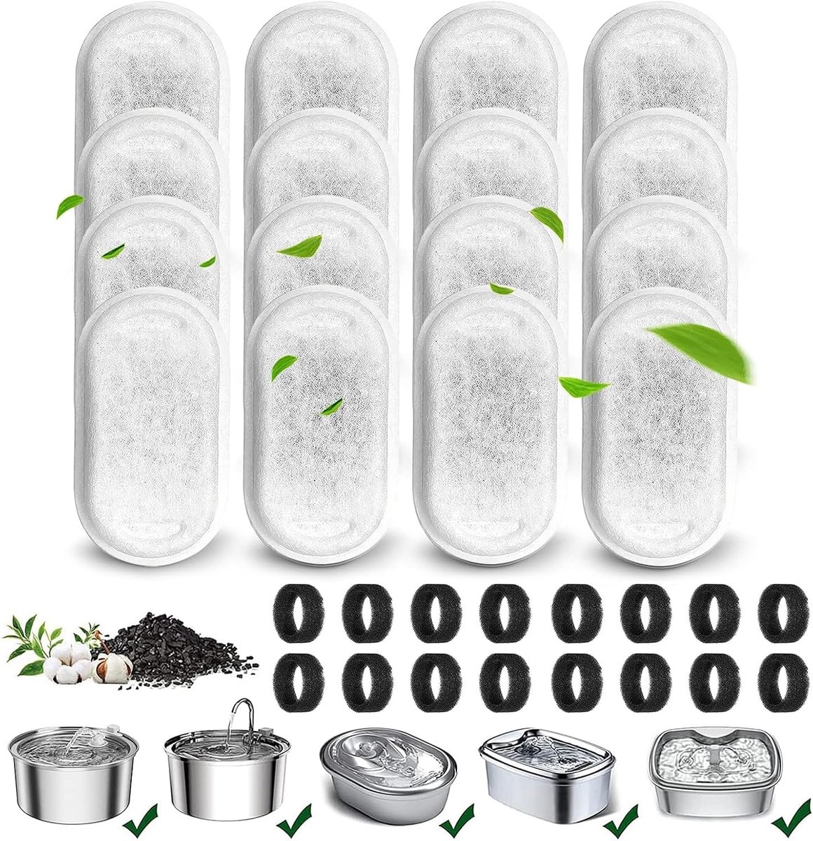 Fonteinen, 16 stuks filters en 16 stuks schuimstoffilters voor kattenfonteinen, drinkfontein, katten, vervangingsfilters voor 108oz/3,2 l en 67 oz/2L roestvrij stalen drinkfontein