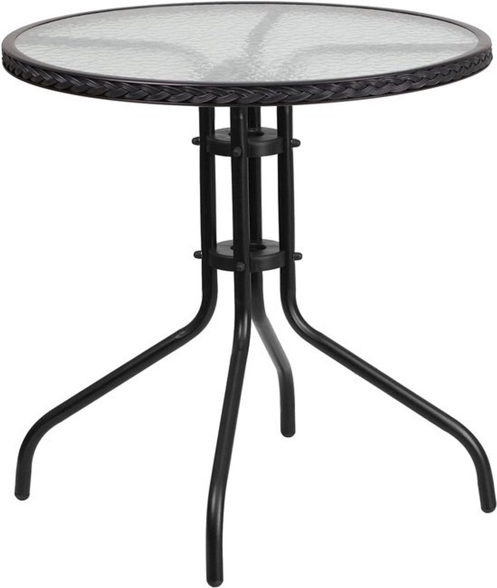 Rond getemperd glazen tafel met metalen basis en rotan rand - 28 inch, modern design