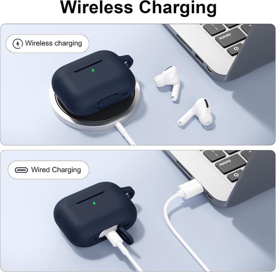 Hoes compatibel met Airpods Pro 2, zachte siliconen beschermhoes schokabsorberende beschermhoes voor Airpods Pro 2e generatie (2022) met karabijnhaak, LED aan de voorkant, blauw (Midnight Blue) — afbeelding 3