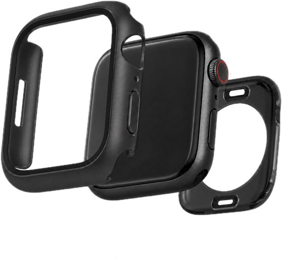 Zwarte smartwatch met een opengewerkte hoes en een aparte rand.