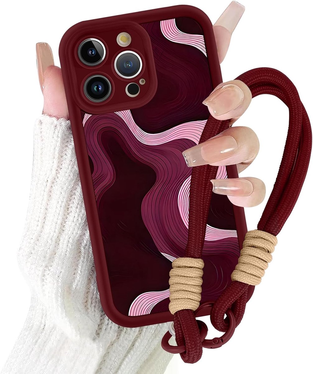 Beschermhoesje voor iPhone 16 Pro 6,3 inch, met omhangkoord, esthetisch strepen, gestreept patroon, rood, siliconen hoesje met schouderriem, ketting, stootvast, camerabescherming meisjeshoes