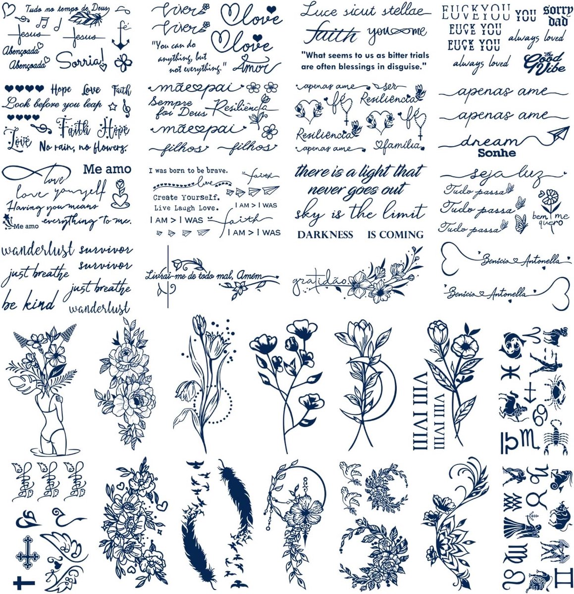 30 vellen Semi-Permanente Tatoeages Voor Vrouwen, Donkerblauwe Bloemenroos Nep-tatoeages Voor Mannen en Jongens, Blijvende 1-2 Weken Kleine Waterdichte Tattoo-Stickers (Words)