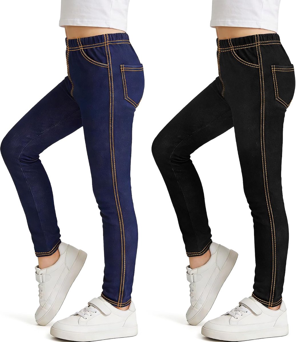 Leggings Jeanslook Kinderen Stretch Slim Fit Jeggings, 2-Pak, Hoge Taille Lange Leggings Broeken Zacht Comfortabel Sportbroek met Zakken voor Meisjes Dagelijkse Kleding, 6-13 Jaar