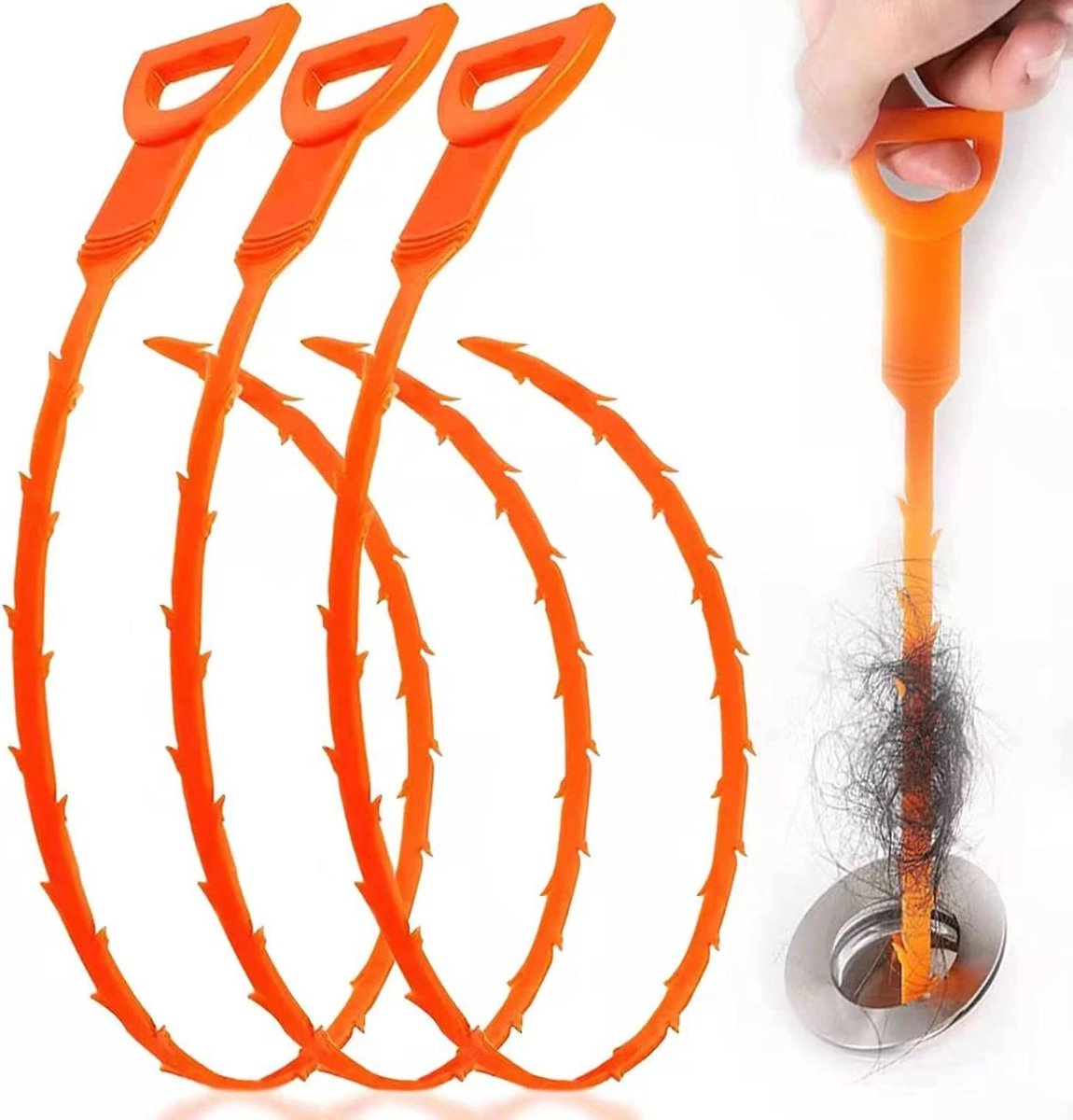 6-delige set voor afvoerreiniging – Gereedschap voor afvoeren – Verwijderaar voor haarverstoppingen – 50 cm – Flexibel – Geschikt voor douches, wastafels en baden – Oranje