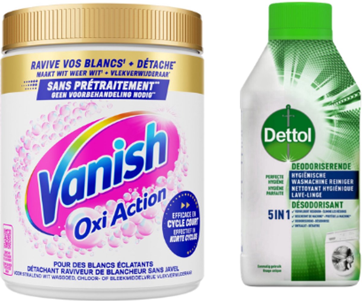 Vanish Oxi Action White Vlekverwijderaar 960 ml + Dettol Hygiënische Wasmachine Reiniger 5-in-1 250ml– Wasverzorgingsset