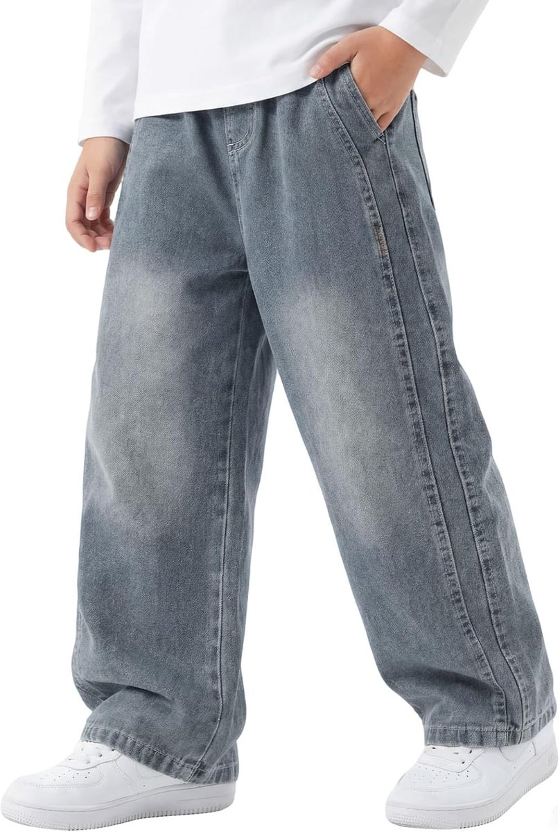 Jeans voor Jongens, Rechte Loose Fit Denim Broek voor Kinderen, Casual Jeansbroek met Wijde Pijpen, Elastische Taille en Meerdere Zakken, Streetwear Baggy Broeken voor 7-15 Jaar
