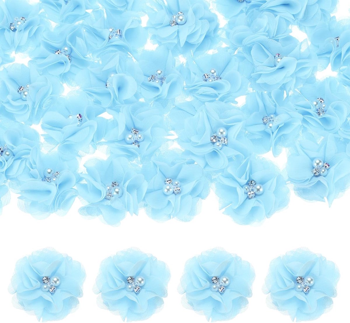 METERXITY 50 stuks strass parel chiffon bloemen 50 x 5 cm mesh stof bloemen volledige chiffon bloemen haarclips bloem voor huisdecoratie/bruiloft/hoofdbanden/doe-het-zelf/feest/tuin [blauw]