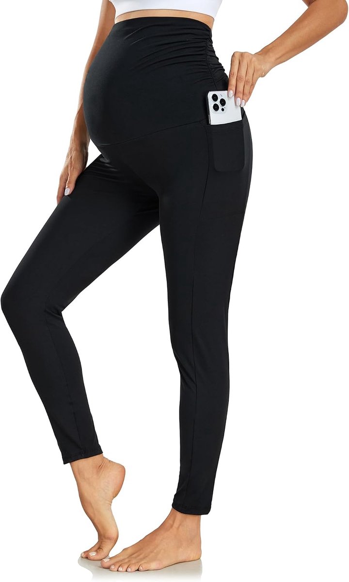 Leggings over de buik met zakken hoge taille zwarte zachte buikondersteuning elastische zwangerschapsbroek yoga-workout pyjamabroek