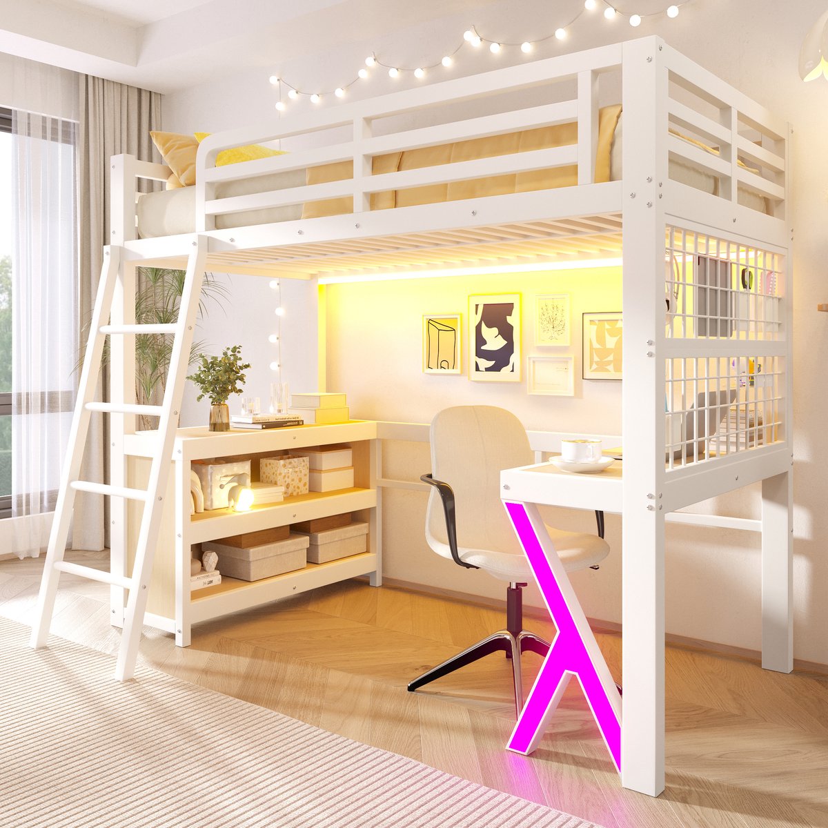 Kinderbed, Hoogslaper, 90 x 200 cm, tafel, LED-lichtstrip, opbergkast, zonder matras, wit