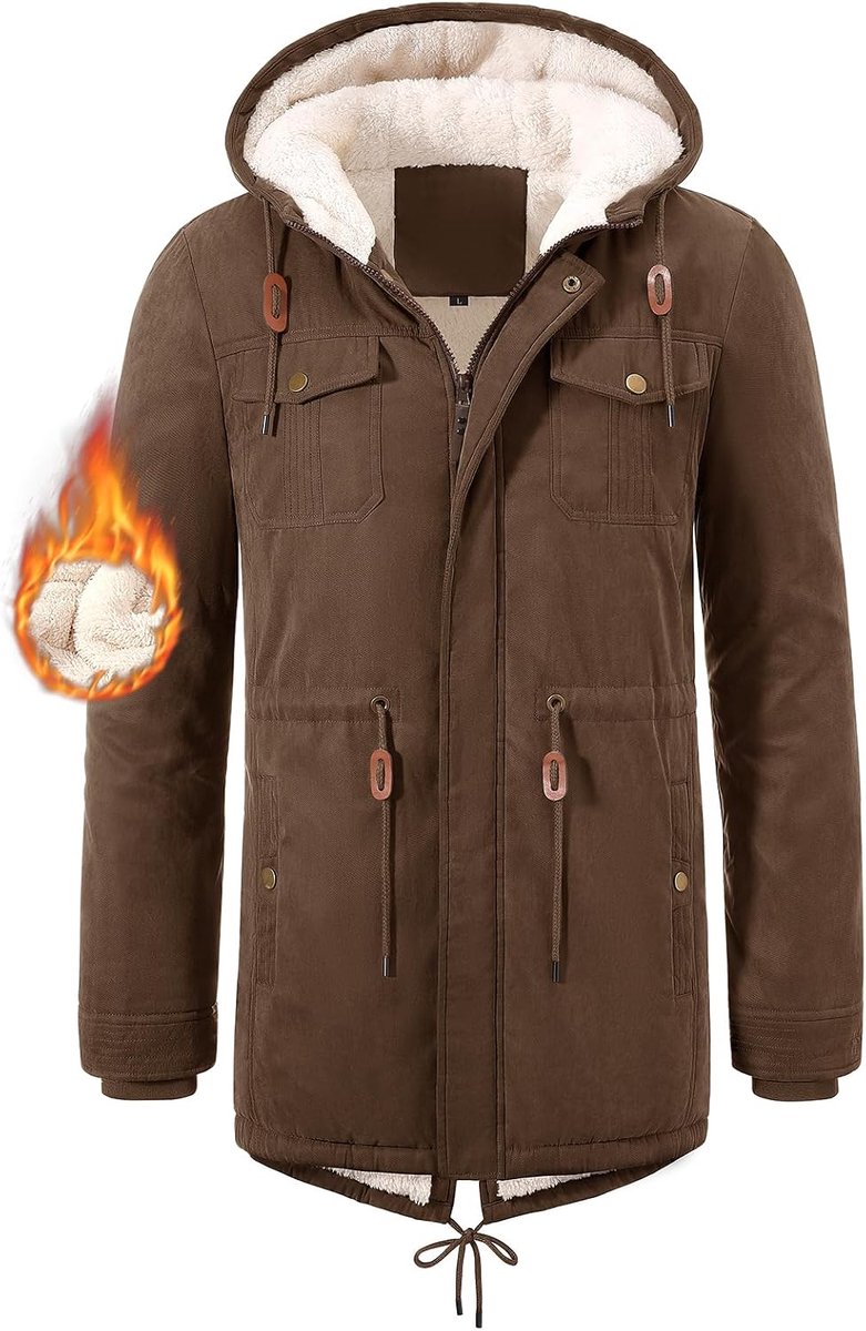 Winterjas voor heren, fleece gevoerd, winterparka met capuchon, warm, winddicht, lange jas, heren, winter, outdoor, parka, jas