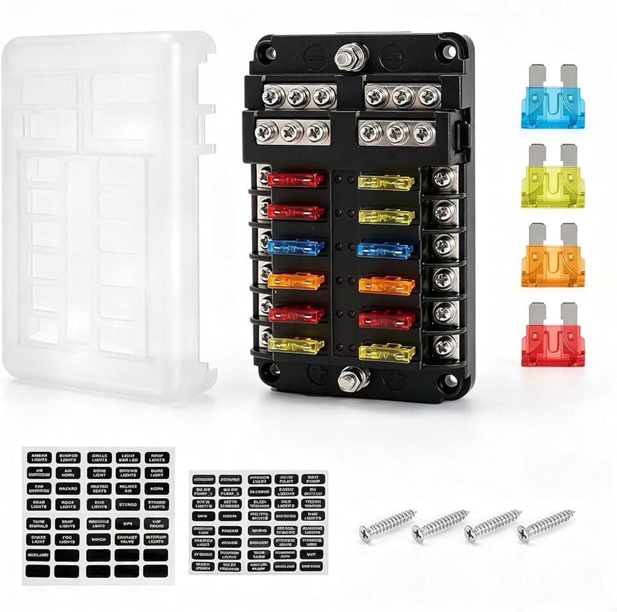 12-voudige autozekeringhouder, 12 V zekeringkast, platte zekering ATC/ATO, zekeringkast auto met led-indicator, kunststof afdekking, voor DC 12 V/24 V auto, vrachtwagen, boot, bestelwagen