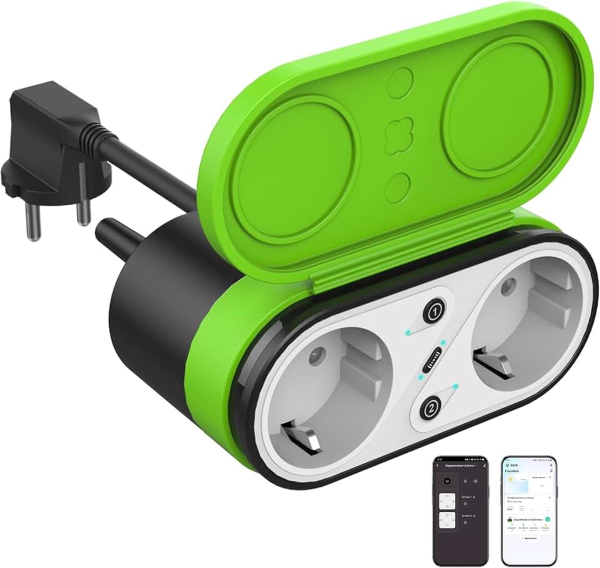 Outdoor, dubbel stopcontact, voor buiten, met timer, waterdicht, smart stopcontact, outdoor, stroomverbruikmeter, werkt met Alexa Google Home, 2,4 GHz wifi