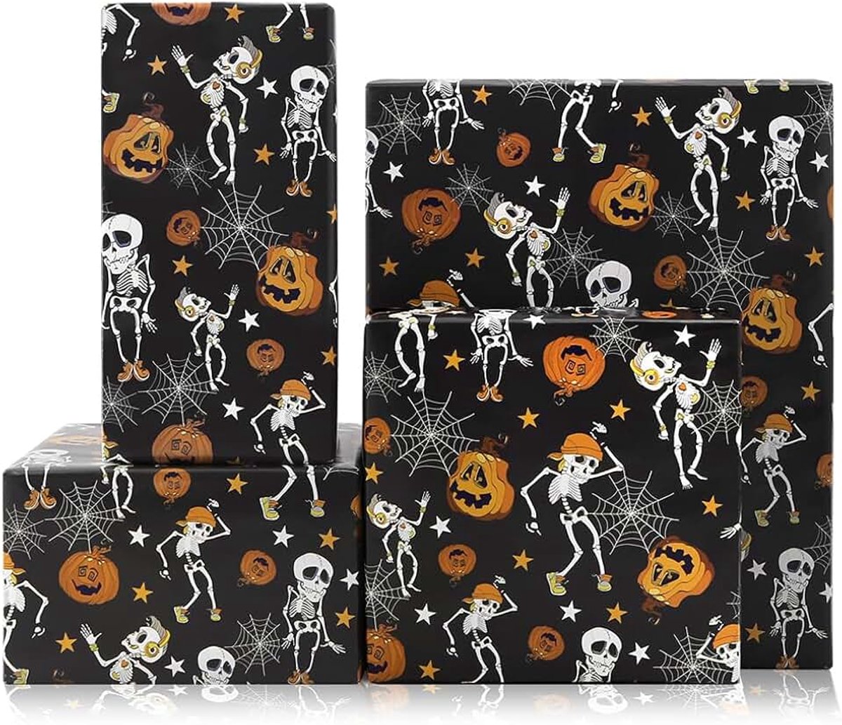 4 rollen cadeaupapier voor Halloween, doodskop, pompoen, 50,8 x 71,1 cm, voor Halloween, griezelige feestdecoratie, knutselen